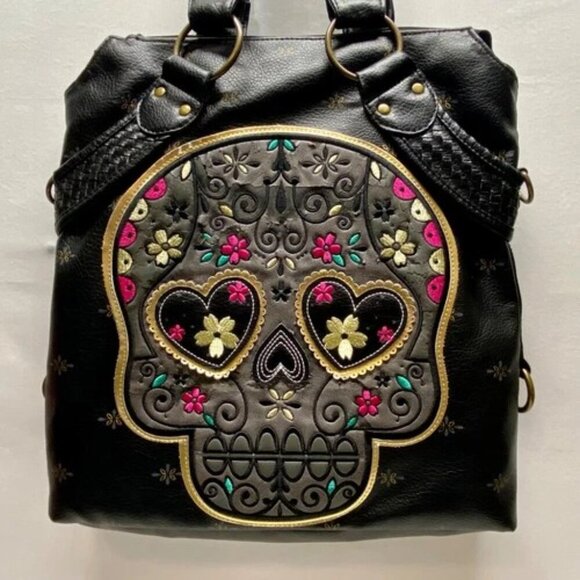 Loungefly Sugar Skull Shoulder Bag Day Of Dead Embroidered Faux Leather Rare GUC - Picture 2 of 15